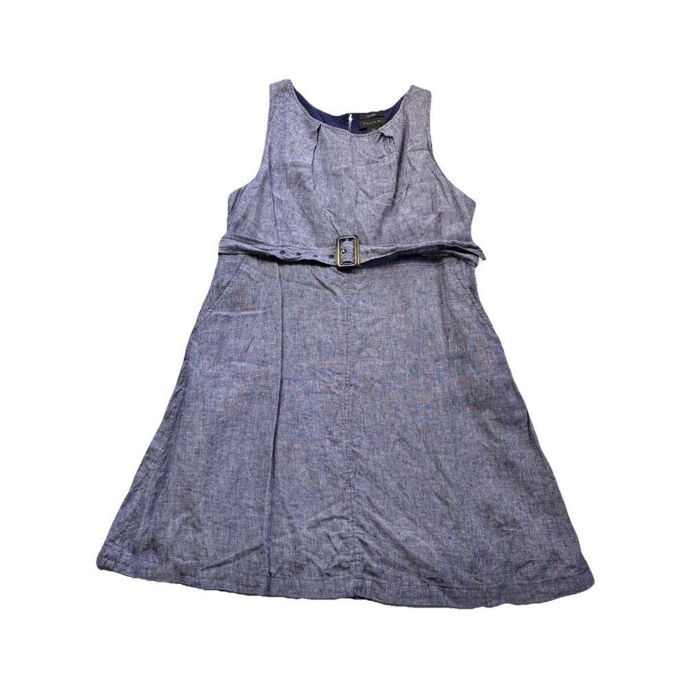 Tahari Womens Linen A-Line Dress Blue Belted Crew Button Keyhole Lined Sz 16